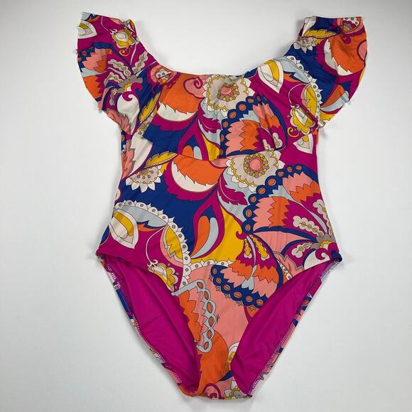 Trina Turk Sevilla Ruffle Off the Shoulder Once Piece Swim Suit Colorful Size 14 - Picture 2 of 12